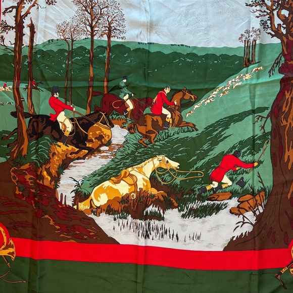 Ginnie Johansen Silk Scarf Green Gallery Horse Hunting 80s Retro Equestrian - Picture 3 of 9